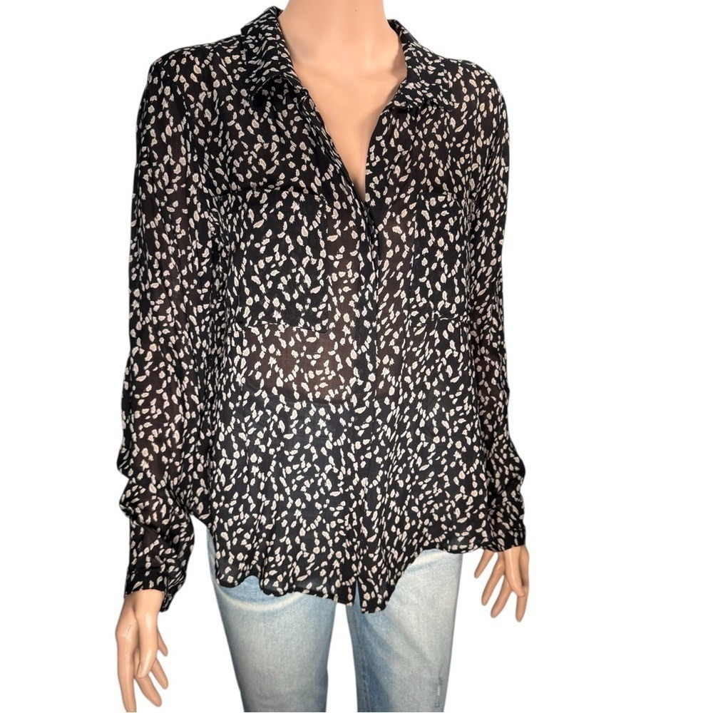 Cloth & Stone Black Tan Abstract Print Button Down Blouse High Low Hem Size M
